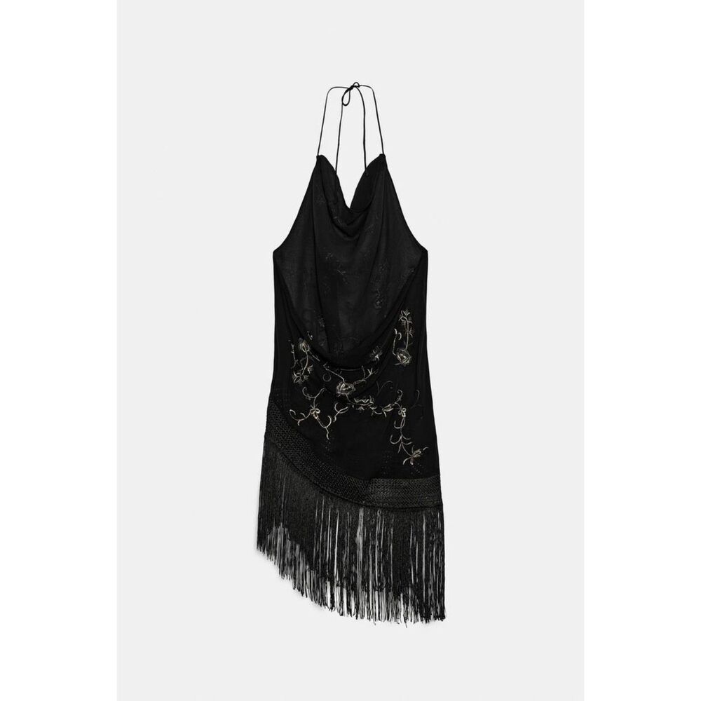 NEW ZARA ZW Collection Women Embroidered Macrame Fringe Halter Top Black - Picture 6 of 8